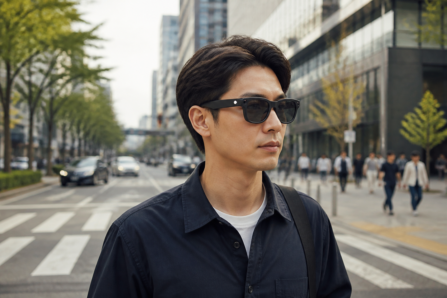 스마트 선글라스를 착용한 사람이 도심에서 걷는 모습